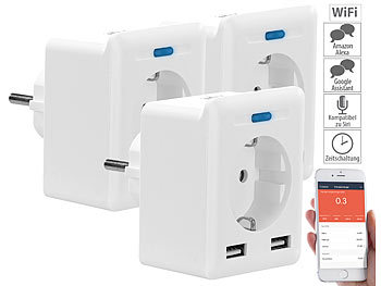 Steckdose Elesion: Luminea Home Control 3er-Set WLAN-Steckdosen, USB, App, für Alexa, Google Assistant & Siri
