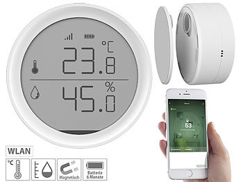 WiFi Temperatursensor: Luminea Home Control WLAN-Temperatur- & Luftfeuchtigkeits-Sensor mit App, 15-Tage-Speicher