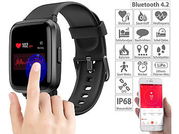 Gesundheitsuhren: newgen medicals Fitness-Armband mit Glas-Touchscreen-Display, SpO2-Anzeige, App, IP68