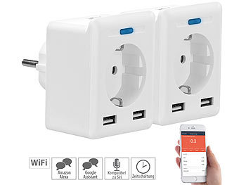 Energie Monitor: Luminea Home Control 2er-Set WLAN-Steckdosen, 2 USB, App, komp. zu Alexa, Google, Siri
