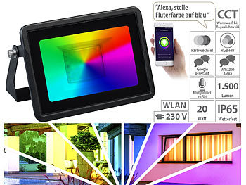 RGB Strahler: Luminea Home Control WLAN-RGB-CCT-Fluter, App, Sprachsteuerung, 1.500 lm, 20 W, IP65