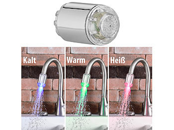 LED Wasserhahn: infactory Dynamo-LED-Wasserhahnaufsatz zur Temperaturkontrolle, leuchtet farbig