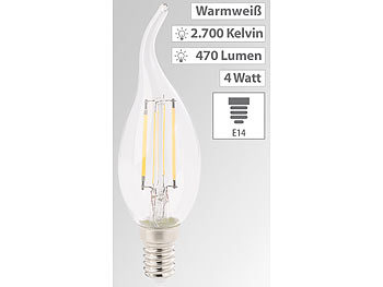 Luminea 4er-Set LED-Filament-Kerzen, E14, A+, 4 W, 470 Lm, warmweiß, Ba35