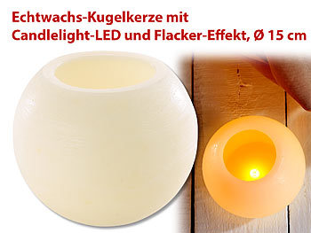 Lunartec Echtwachs-Kugelkerze mit Candlelight-LED und Flacker-Effekt, Ø 15 cm