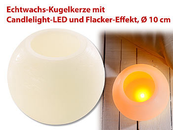 Lunartec Echtwachs-Kugelkerze mit Candlelight-LED und Flacker-Effekt, Ø 10 cm
