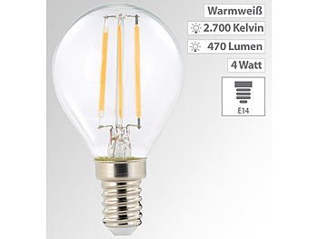 LED-Lampen E14 Warmlicht: Luminea LED-Filament-Lampe, G45, E14, 470 lm, 4 W, 360°, warmweiß (2.700 K)