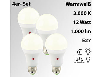 Luminea 4er-Set LED-Lampen mit Dämmerungssensor, E27, 12W, 1.000 lm, warmweiß