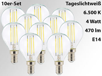 Luminea LED-Filament-Lampen, G45, E14, 470 lm, 4 W, 360°, 6.500 K, 10er-Set
