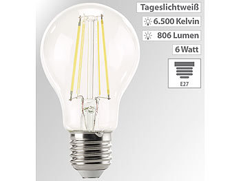 Luminea LED-Filament-Lampe, 806 Lumen, 6 Watt, 6.500 Kelvin, A60, E27, 360°