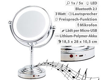 Badspiegel: Sichler Beauty LED-Kosmetikspiegel mit Akku, Bluetooth-Lautsprecher, 1x / 5x Vergröß.