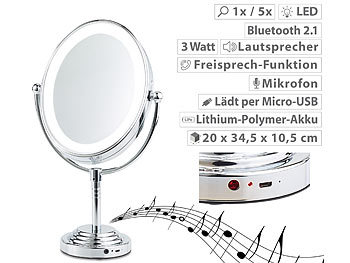 Spiegel mit Lautsprecher, Bluetooth: Sichler Beauty XL-LED-Kosmetikspiegel, Akku, Bluetooth-Lautsprecher, 1x / 5x Vergröß.