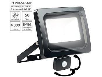 LED Strahler mit Sensor: Luminea Mini-LED-Fluter, PIR-Sensor, 50 Watt, 4.000 lm, tageslichtweiß, IP44