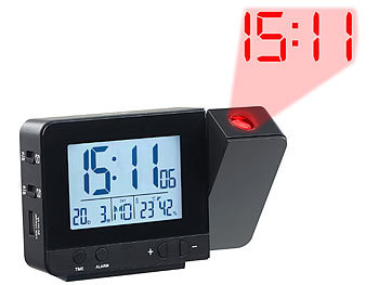 Uhr mit Projektion: infactory Projektions-Funkwecker, Thermo-/Hygrometer, 2 Weckzeiten, USB-Ladeport
