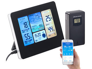 WLAN Thermometer außen: infactory WLAN-Funk-Wetterstation mit Außensensor, Farbdisplay, Uhr & Gratis-App
