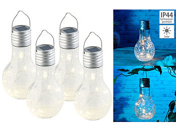 LED Solar: Lunartec 4er-Set Deko-LED-Glühbirne im Crackle-Glas-Design, Dämmerungs-Sensor