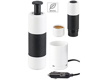 Kfz Kaffeemaschine: Rosenstein & Söhne Manueller Mini-Espresso-Maker mit 12-Volt-Wassererhitzer, 10 g/100 ml