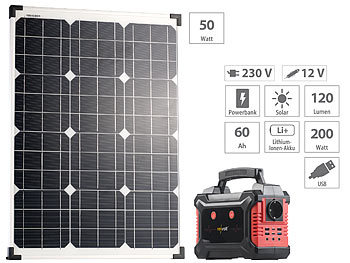 revolt Powerbank & Solar-Konverter mit 50-Watt-Solarpanel, 60 Ah, bis 200 W