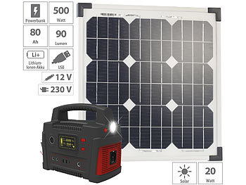 Solar Generator Camping: revolt Powerbank & Solar-Konverter mit 20-Watt-Solarpanel, 114 Ah, bis 600 W