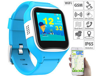 Tracker ID Kinderuhr: TrackerID Kinder-Smartwatch mit GPS-/GSM-/WiFi-Tracking, SOS-Taste, blau, IP65