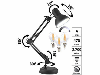 lm, Luminea W, Retro-Schreibtischlampe warmweiß 4 470 mit LED-Filament-Lampe,