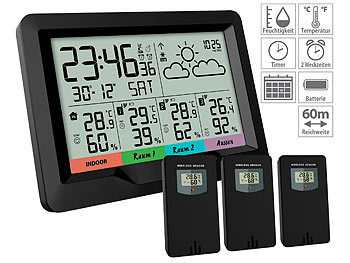 Wetterstation 3 Sensoren: infactory Funk-Wetterstation; 3 Funksensoren; innen/außen; XL-Display; Wecker
