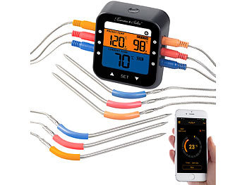 Thermometer Bluetooth: Rosenstein & Söhne Profi-Grillthermometer mit Bluetooth und App, Farb-Display, 6 Fühler