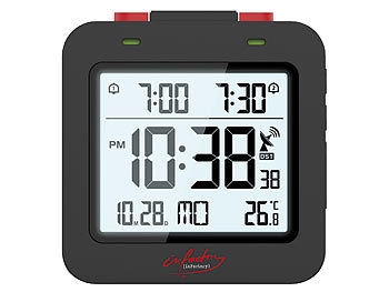 infactory Digitaler Reise-Funkwecker mit Thermometer, Datum, Dual-Alarm, schwarz