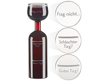 leere Weinflaschen: Rosenstein & Söhne 2in1-Weinflasche und XXL-Glas aus Echtglas, mit Aufdruck, 750 ml