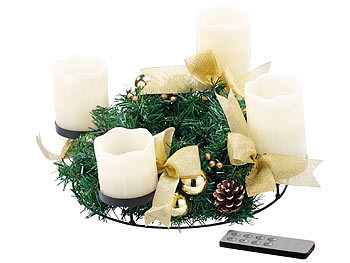 Gestecke LED-Kerze: Britesta Adventskranz, golden, 4 weiße LED-Kerzen mit bewegter Flamme