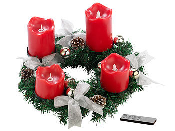 Adventsdeko-Kerzen-Kranz: Britesta Adventskranz, silbern, 4 rote LED-Kerzen mit bewegter Flamme