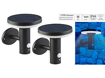 drahtlose Außenbeleuchtung: Lunartec 2 Premium-LED-Solar-Wandleuchten, PIR-Sensor, Nachtlicht, 600 Lumen
