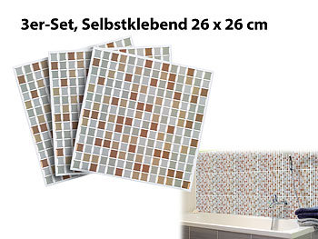 Klebefliesen: infactory Selbstklebende 3D-Mosaik-Fliesenaufkleber "Bronze" 26 x 26 cm, 3er-Set