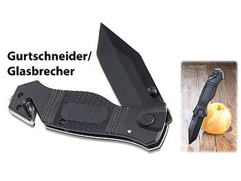 Messer mit Gurtschneider: Semptec Scharfes Edelstahl-Klappmesser, Alu-Griff, Gurtschneider & Glasbrecher