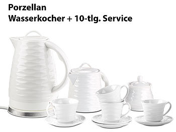 Wasserkocher Porzellan: Rosenstein & Söhne Porzell-Wasserkocher WSK-270.rtr, 1,7 l, 1500W mit Kaffee-/Tee-Service