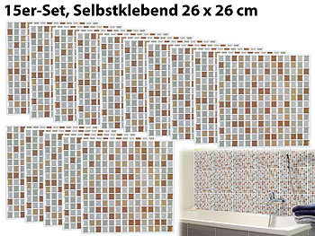 Deko Fliesenaufkleber: infactory Selbstklebende 3D-Mosaik-Fliesenaufkleber "Bronze", 26x26 cm, 15er-Set
