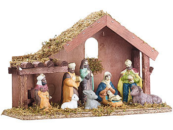 Klassische Holz-Weihnachtskrippe mit handbemalten Porzellan-Figuren / Weihnachtskrippe
