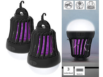 2in1-Insektenvernichter: Exbuster 2er-Set UV-Insektenvernichter & Camping-Laterne mit Batterie, dimmbar