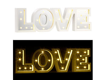 LED Schrift Beleuchtung: Lunartec LED-Schriftzug "LOVE" aus Holz & Spiegeln mit Timer & Batteriebetrieb