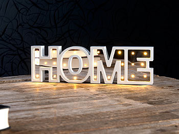 Lunartec LED-Schriftzug "HOME" aus Holz & Spiegeln mit Timer & Batteriebetrieb