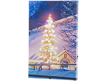 infactory Wandbild "Weihnachtsbaum vor Bergdorf" mit Beleuchtung, 20 x 30 cm