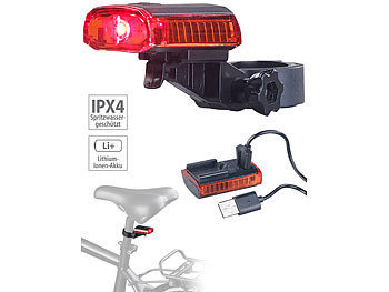 Fahrrad Rückleuchte: PEARL Cree-LED-Fahrrad-Rücklicht mit Akku, USB-Ladekabel, StVZO-zugel., IPX4