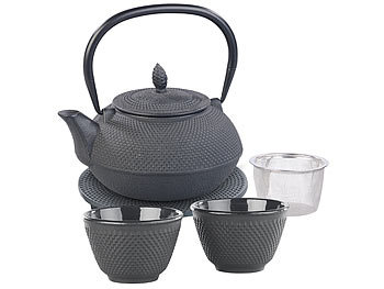 Tee Set asiatisch: Rosenstein & Söhne Asiatische Teekanne, Untersetzer und 2 Becher aus Gusseisen, schwarz