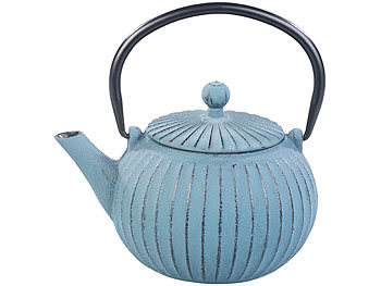 Rosenstein & Söhne Asiatische Teekanne, Untersetzer und 2 Becher aus Gusseisen, blau
