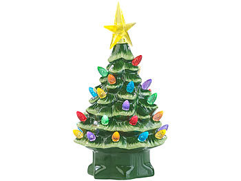 infactory Deko-Weihnachtsbaum aus Keramik mit LED-Beleuchtung, Timer, 19 cm