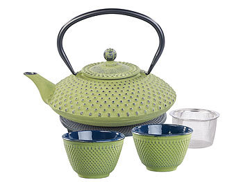 Asiatisches Teeset: Rosenstein & Söhne Asiatische Teekanne, Untersetzer und 2 Becher aus Gusseisen, olivgrün