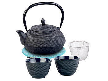 Tee Set Gusseisen: Rosenstein & Söhne Asiatische Teekanne, Untersetzer und 2 Becher, Gusseisen, schwarz/blau