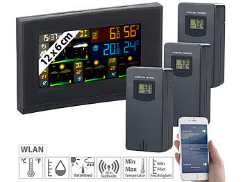 WiFi Thermometer: infactory WLAN-Funk-Wetterstation mit 3 Außensensoren, Farbdisplay, Uhr und App
