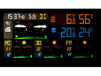 infactory WLAN-Funk-Wetterstation mit 3 Außensensoren, Farbdisplay, Uhr und App