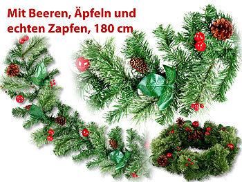 Girlande Weihnachten: Britesta Deko-Tannengirlande mit Beeren, Äpfeln und echten Zapfen, 180 cm