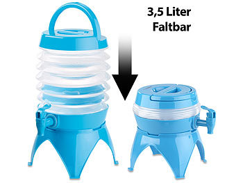 Faltbarer Wasserspender: PEARL Faltbares Fässchen, Auslaufhahn, Ständer, 3,5 Liter, blau/transparent
